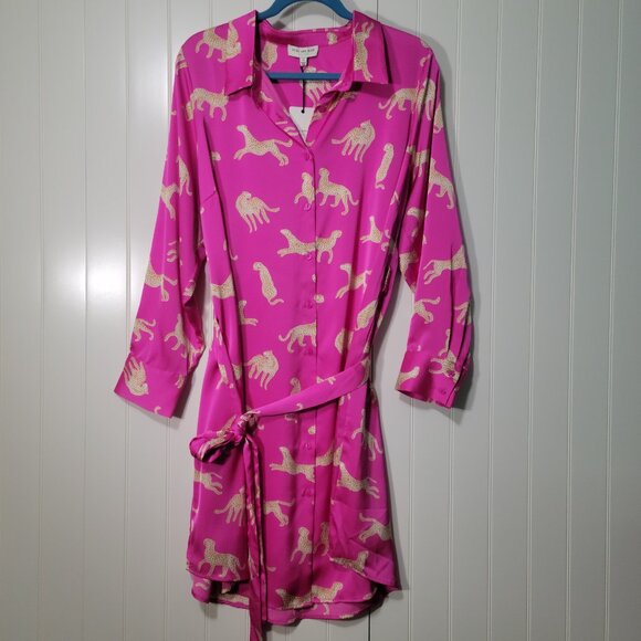 NWT Skies are Blue Curvy Pink Animal Cheetah Print Button Down Satin Shirt Dress - Picture 4 of 13